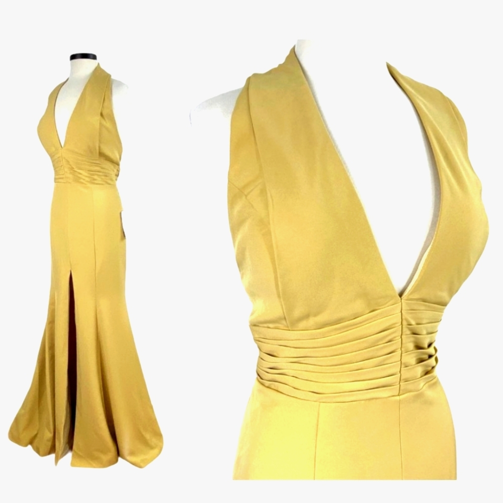 Elegant Gold/ Tan Yellow Halter Evening Gown